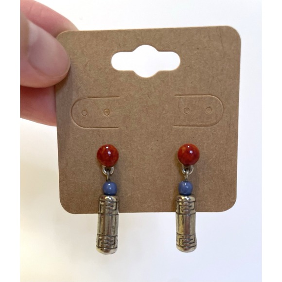 Vintage Beaded Silver Tone Stud Earrings Dangle Engraved Barrel Artsy Unique - Picture 2 of 7